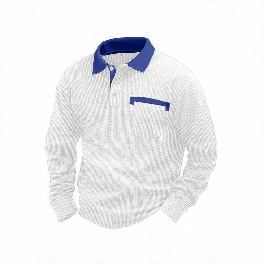 Men's long-sleeved waffle texture polo shirt with asymmetric design in available colours