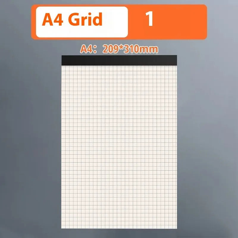 Set of writing pads in A5, B5, and A4 sizes showing blank, grid, and horizontal line page rulings.