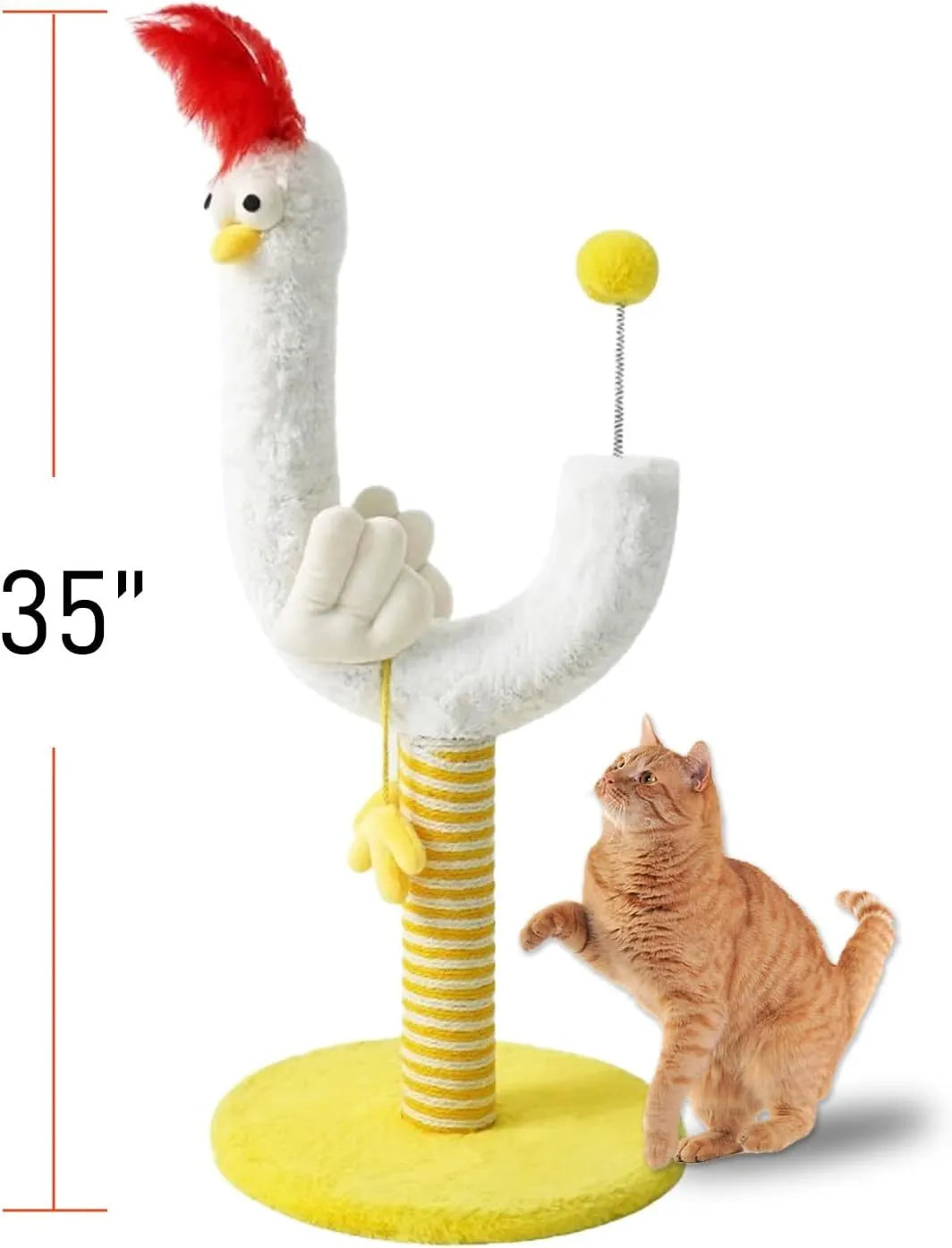 Yellow sisal vertical cat scratching post with chicken strip design and spring ball, 35cm wide and 88cm tall.