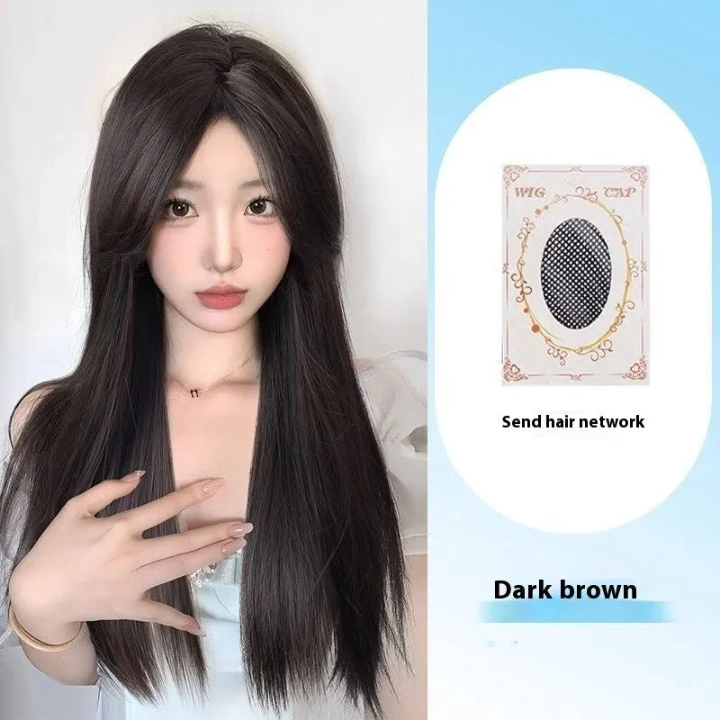 Forehead lace long straight full-head wig in dark brown colour with side bangs styling