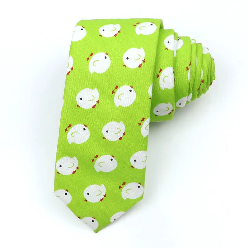 Korean style narrow men's cotton bow tie with a printed cartoon pattern in a selected colour.