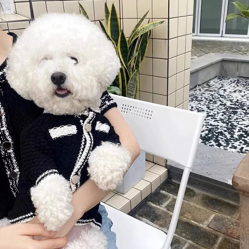 Korean style puppy sweater with pearl collar for small dogs, available in black and white