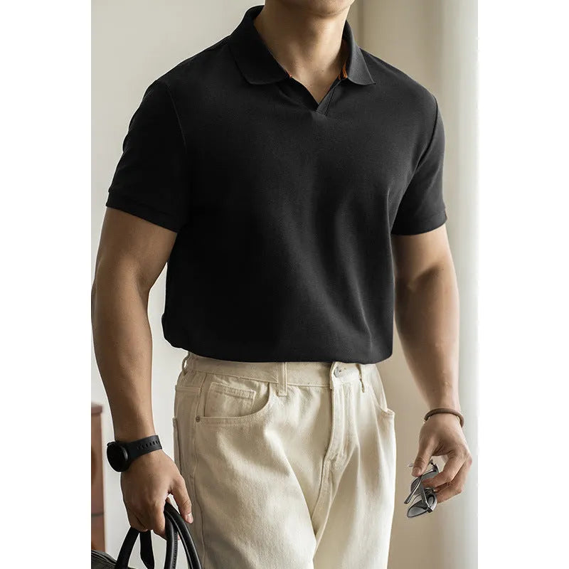 American-style short-sleeve polo shirt in blue, shown on a model.