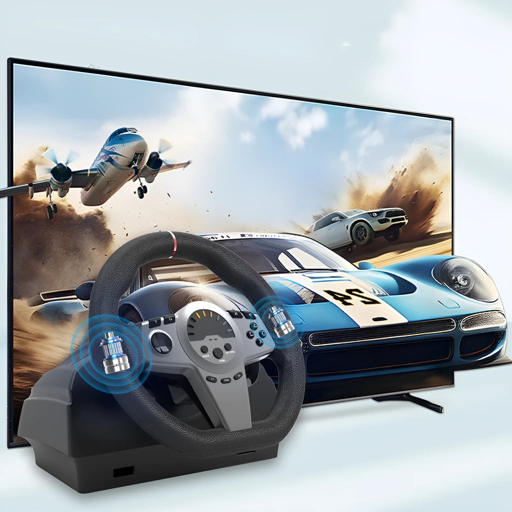 Black gaming steering wheel with two pedals and mounting bracket for multi-platform racing games