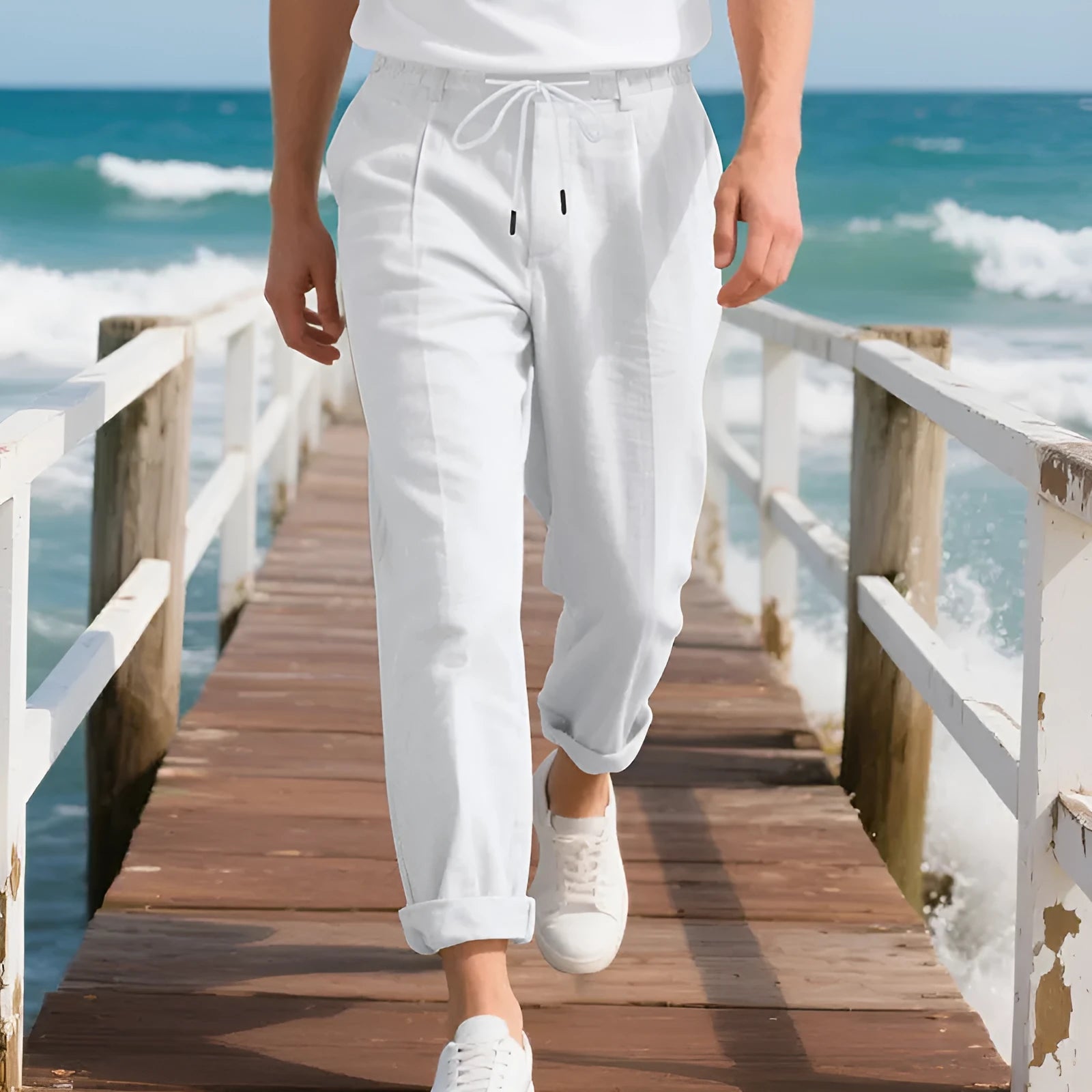 Men's light khaki linen casual trousers with a drawstring waist and straight-leg fit on a hanger.