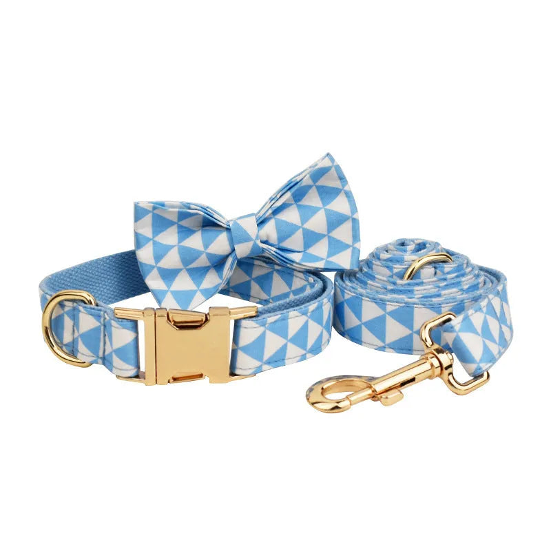 Blue cloth dog collar and leash four-piece set with vest and bow accessory