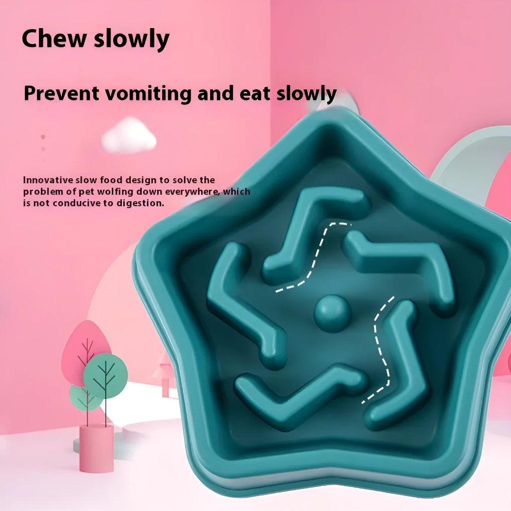 Yellow plastic slow feeding dog bowl with textured bottom for choking prevention