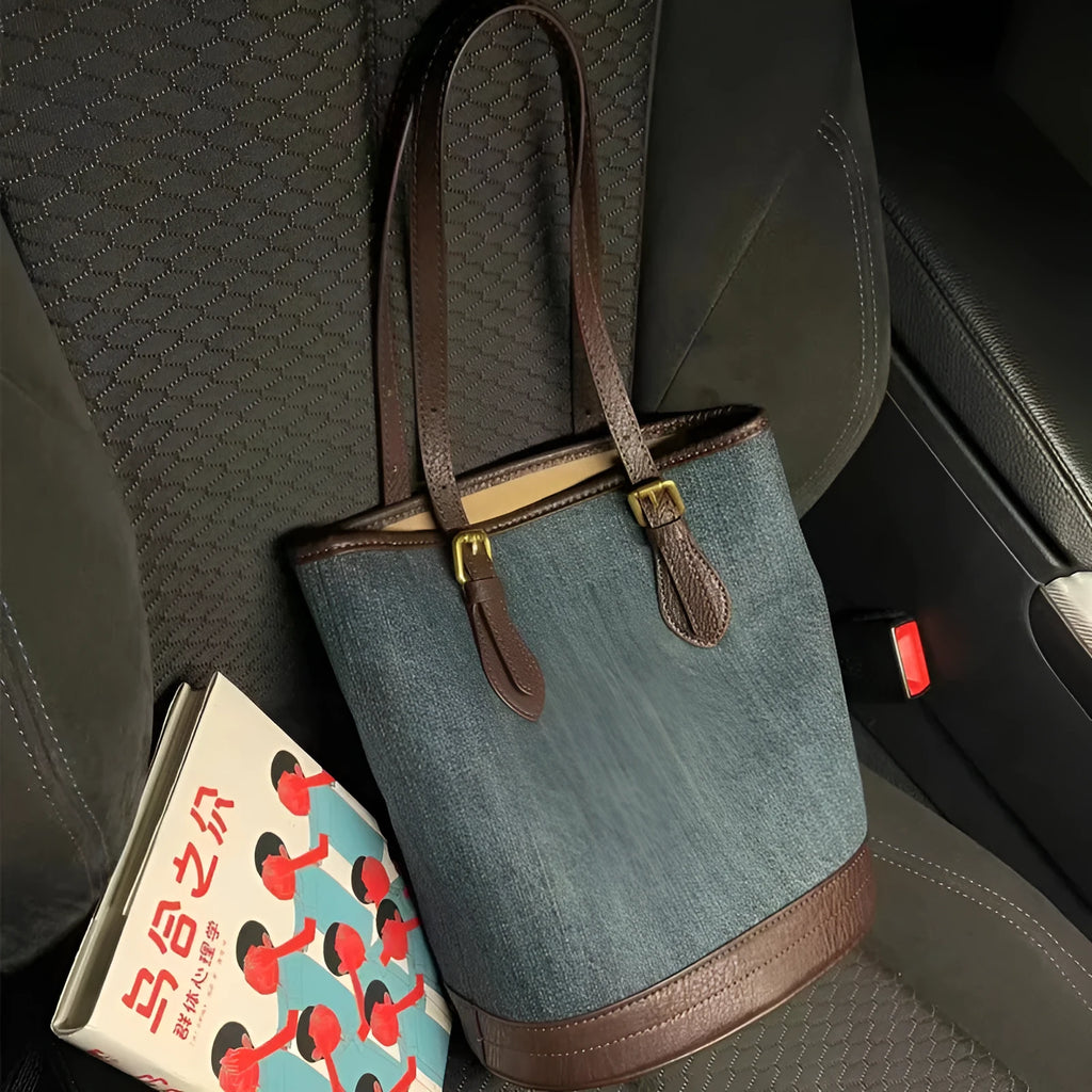 Denim patchwork style large capacity bucket handbag with one shoulder strap