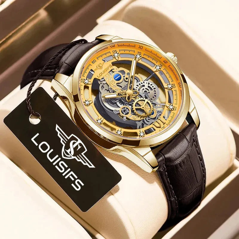 Swiss quartz men's business watch with hollow design in gold and black colour options