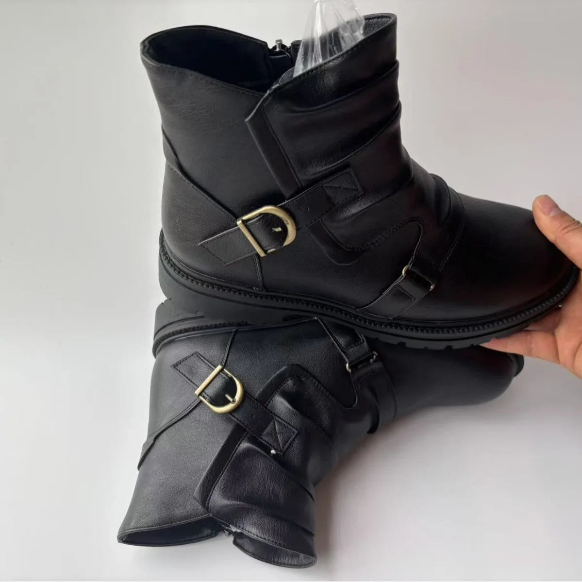Large size square heel high-top men's boots in brown colour with stitching and low tube design