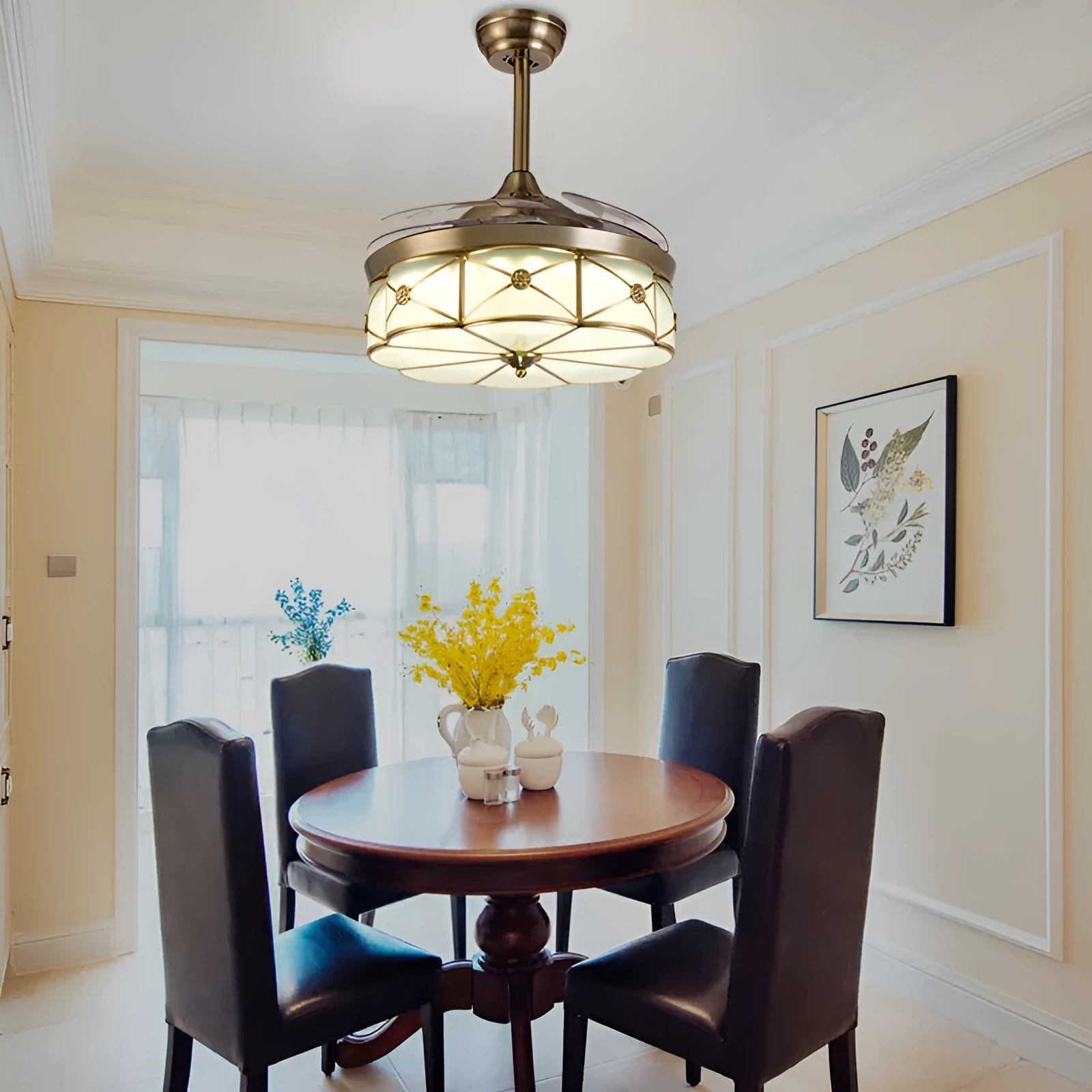 Gold 42-inch ceiling fan light with invisible blades and remote control