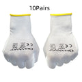 White PU coated work gloves showing textured grip, with size tags for L and M.