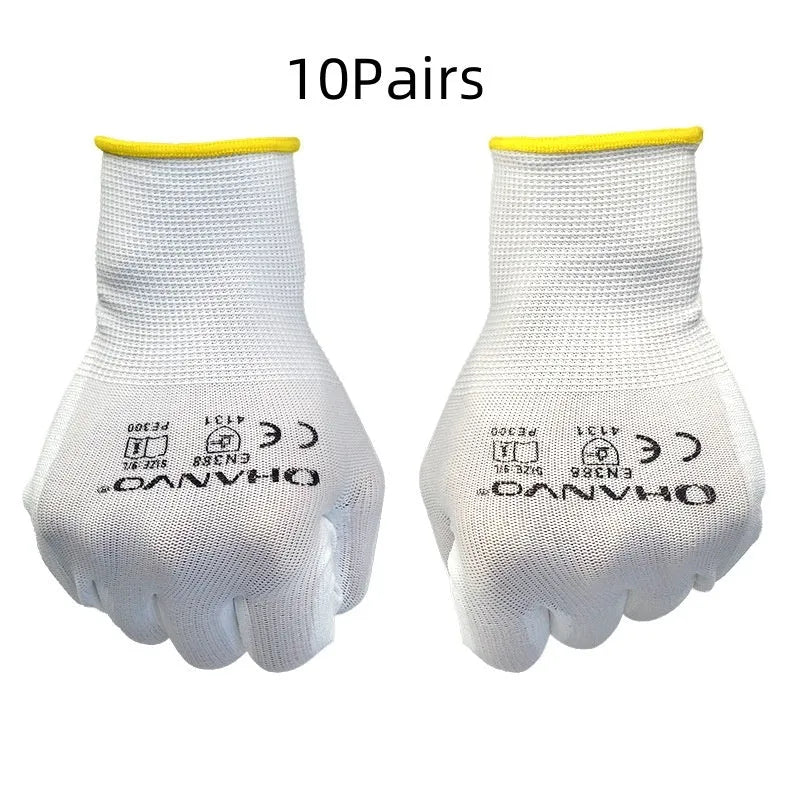 White PU coated work gloves showing textured grip, with size tags for L and M.