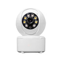 Ceiling-mounted indoor security camera with dual lights, shown in a white ABS plastic housing.