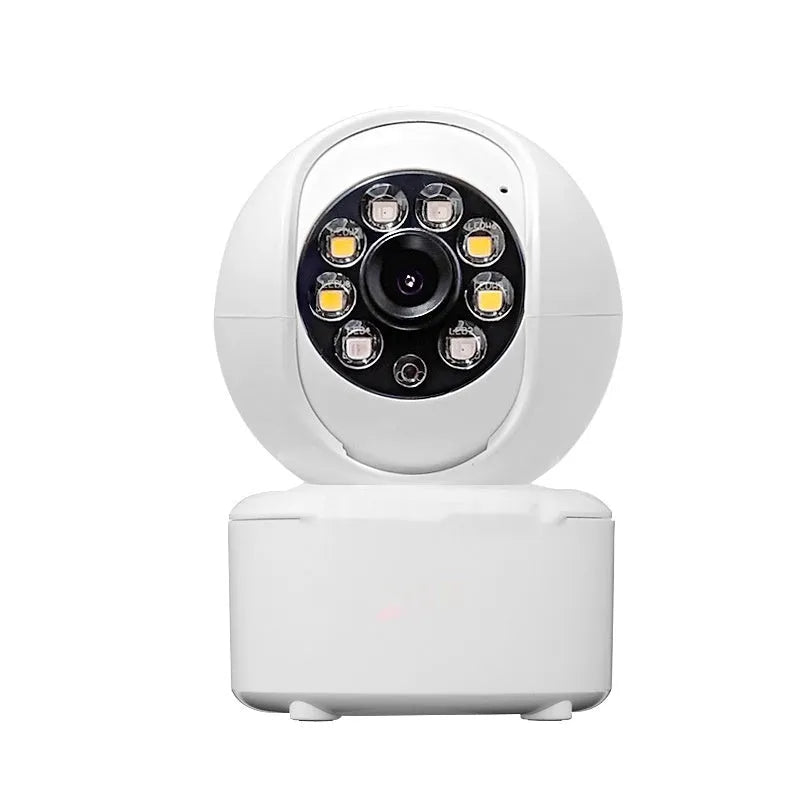 Ceiling-mounted indoor security camera with dual lights, shown in a white ABS plastic housing.