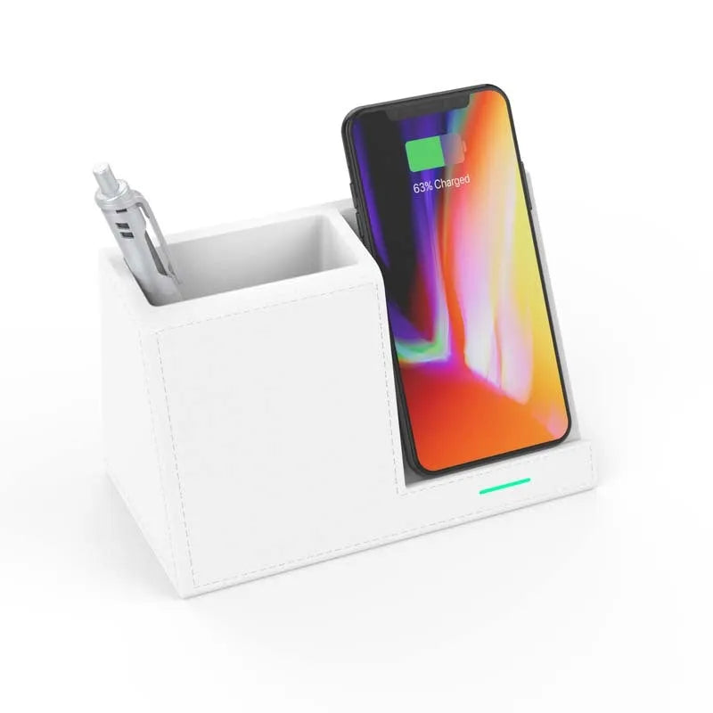 Black leather wireless charging desk organiser with pen holder and phone stand at 45-degree angle