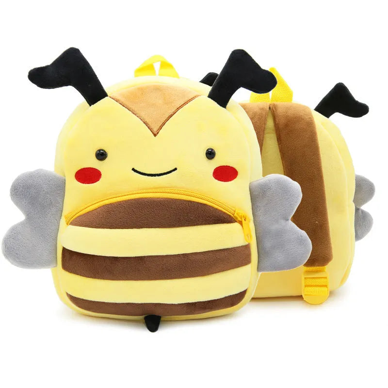 Plush children's backpack with animal design showing soft texture and zipper opening