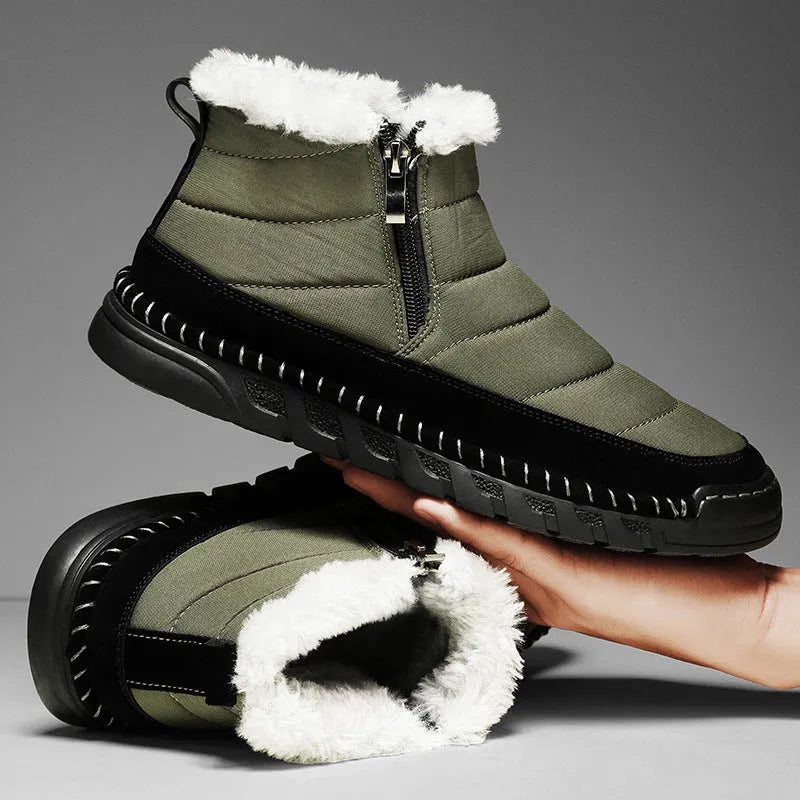 Men's plus size snow boot in black with round toe, flat heel, and non-slip rubber sole.