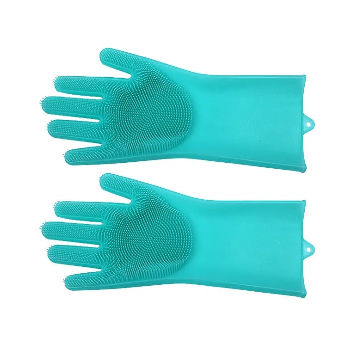 Blue silicone scrubbing gloves showing textured palm and finger surfaces for cleaning