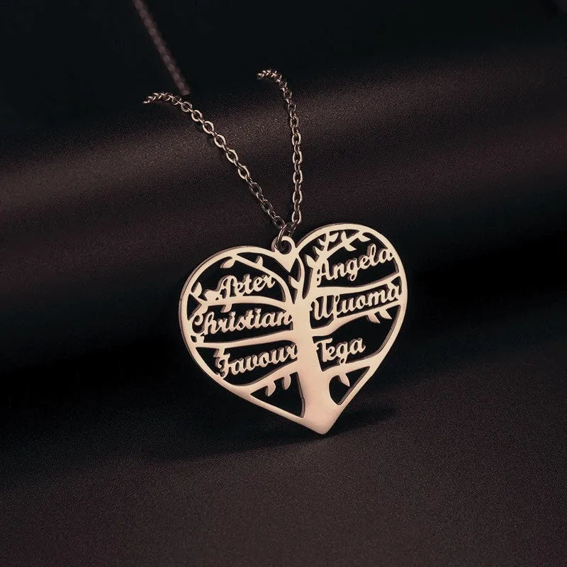 Custom stainless steel name necklace with family tree and hollow heart pendant in gold, silver, or rose gold.