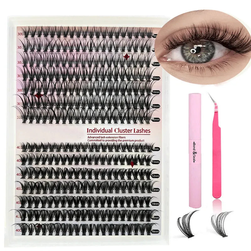 DIY false eyelashes mixed package showing 30D and 40D cluster lashes in 9-16mm lengths with application tweezers