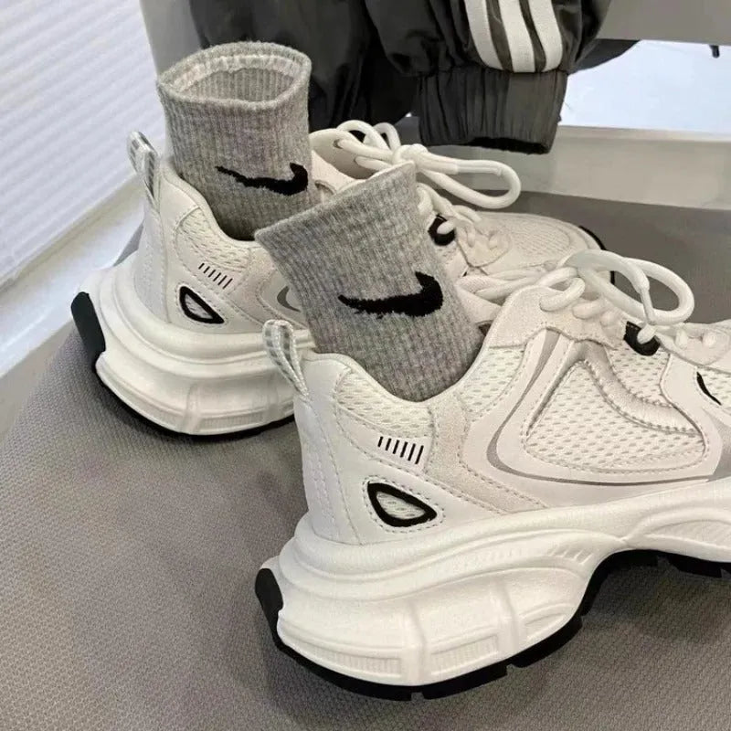 Beige mesh platform casual sports shoes with wedge heel and front lace-up design