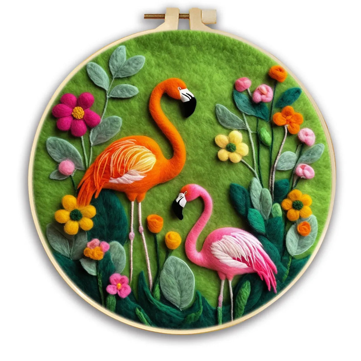 Round linen embroidery kit with wool felt pieces for 3D flowers and leaves, includes a free frame.
