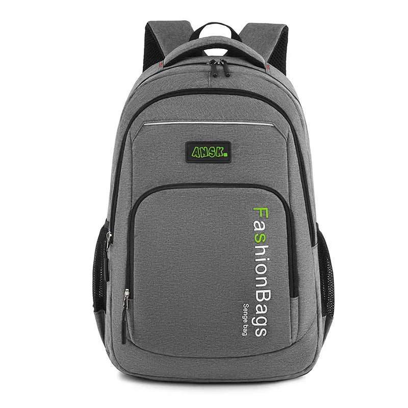 Nylon fashion backpack showing front view with multiple compartments and adjustable shoulder straps