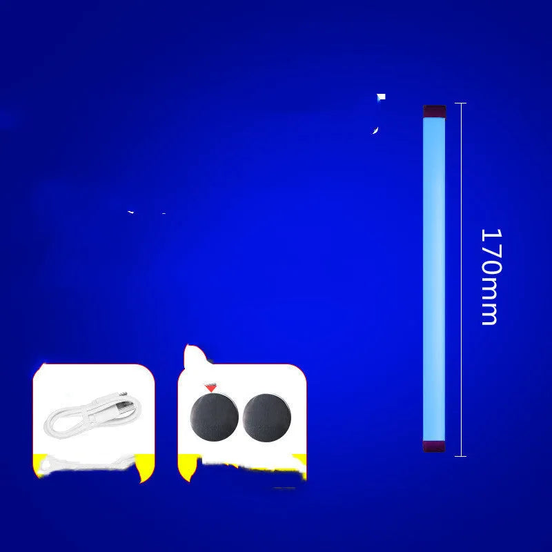 Blue and purple rechargeable LED tube light stick with dimmable RGB settings for photography and room ambience.