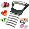 Stainless steel food slice assistant with ABS handle for stabilising onions and tomatoes during cutting