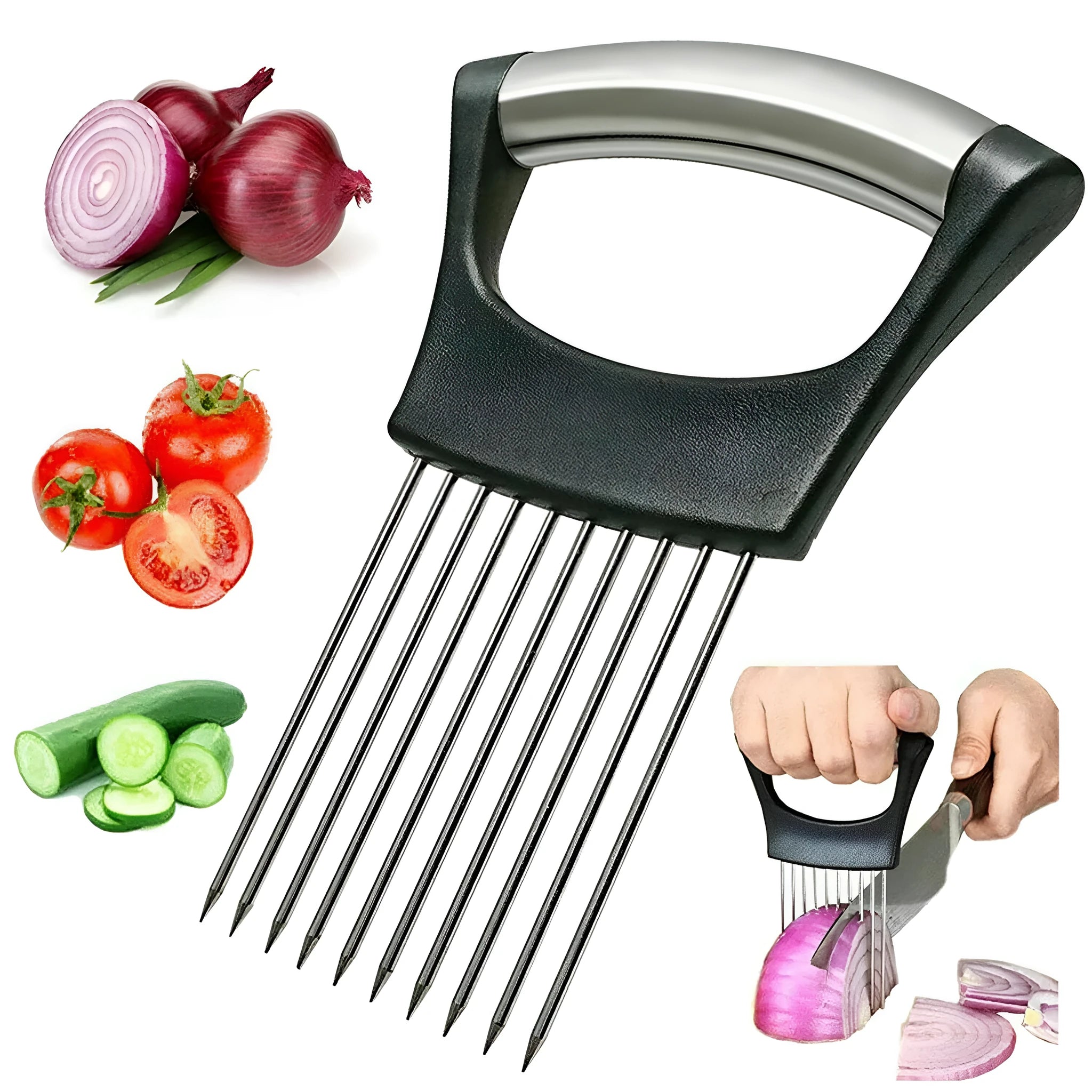 Stainless steel food slice assistant with ABS handle for stabilising onions and tomatoes during cutting