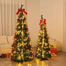 Green velvet foldable telescopic Christmas tree with warm lights on floor-standing base in indoor room setting