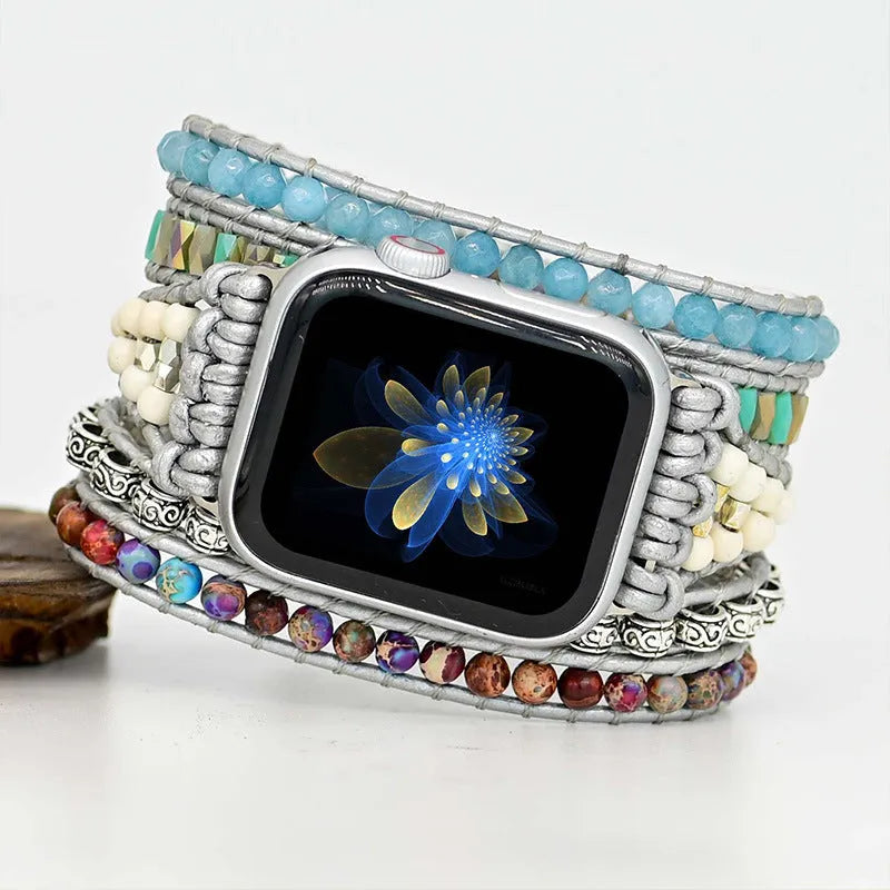 Hand-woven natural stone bead watch strap for iWatch replacement in three sizes