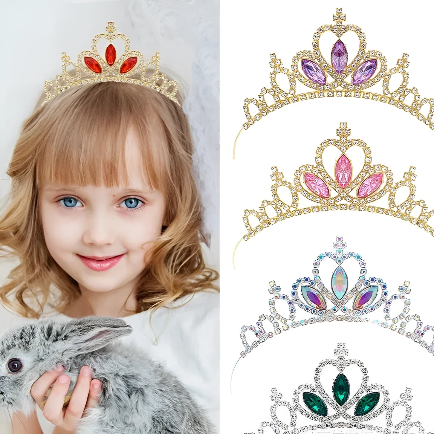 Gold and silver alloy princess crown headdress with coloured gemstones for girls birthday parties