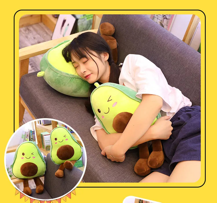 Green avocado plush toy with super soft short plush fabric and PP cotton filling on a plain background