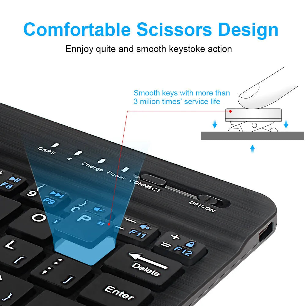 Mini Bluetooth wireless keyboard in black or white for tablets with 10m range and 44h battery life
