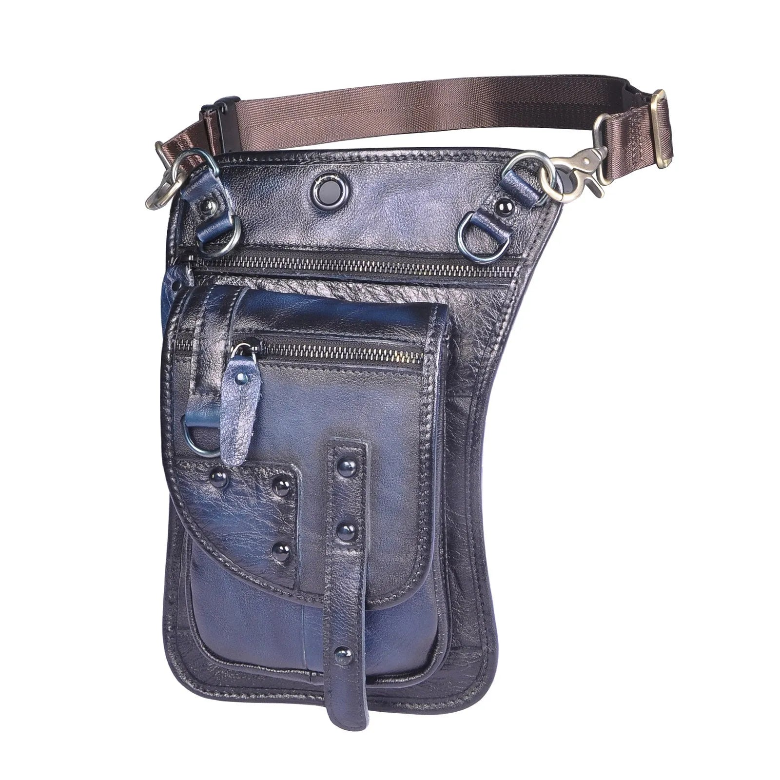 Genuine cowhide leather punk fanny pack with zipper closure showing internal phone and ID pockets