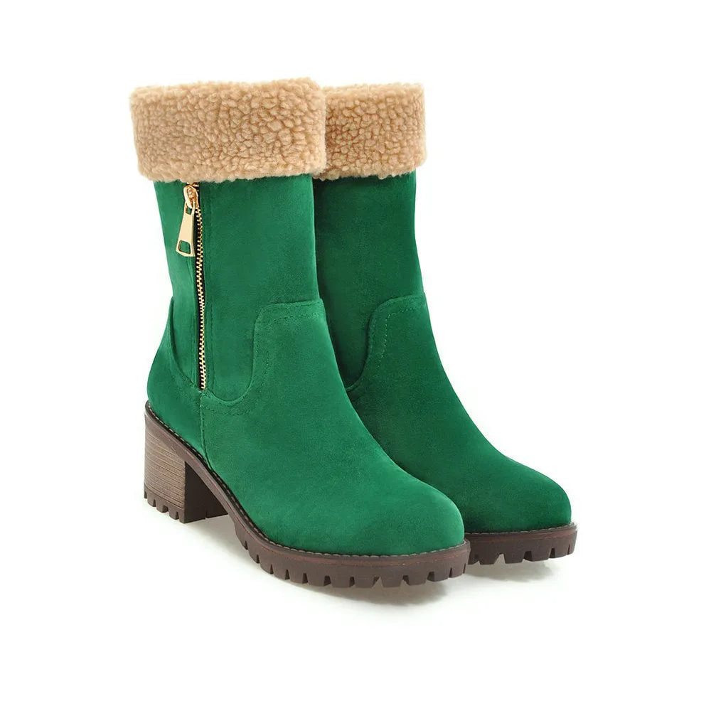 A pair of snow boots with a rubber sole and plush lining on a winter background.