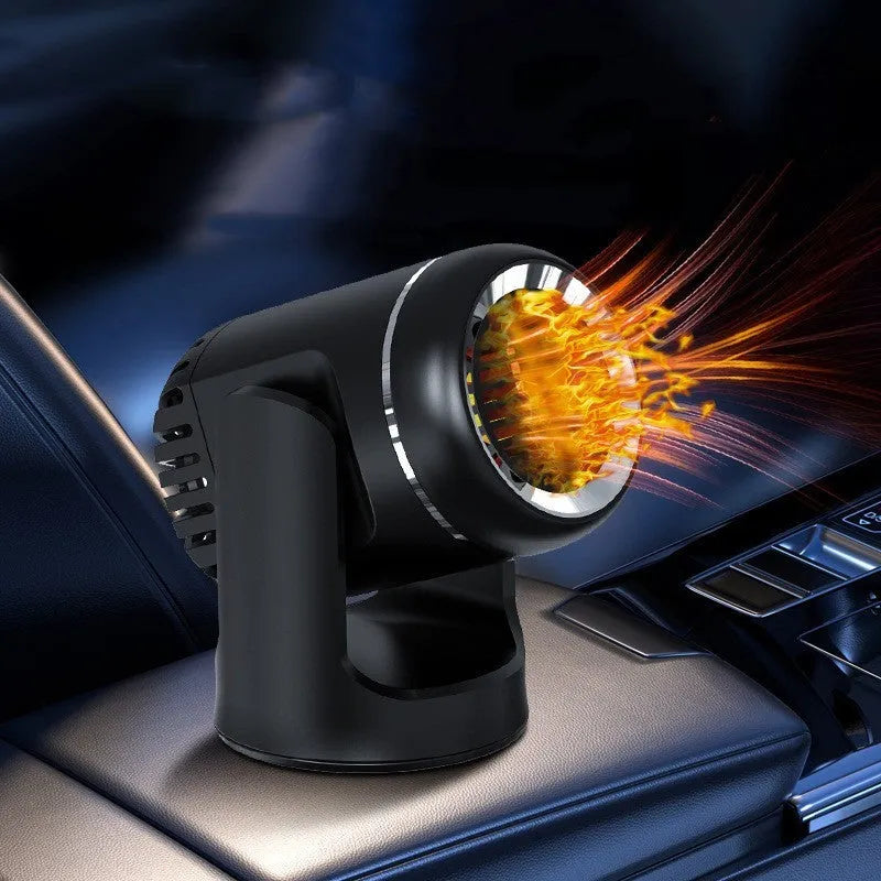 Black and white 12v car heater defroster with cold warm settings and 1.5m power cord