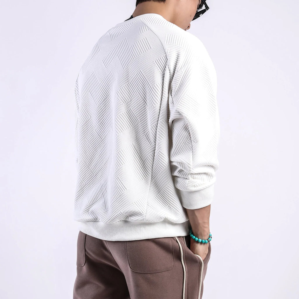 Men's loose fit twill jacquard pullover sweater with long sleeves and round neck