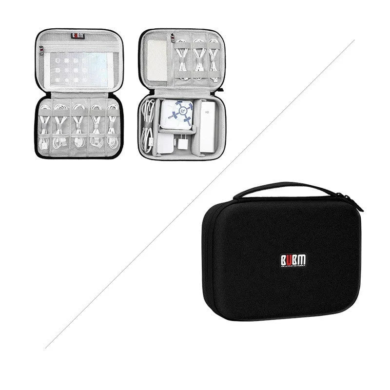 Black and grey EVA digital storage bag organiser for headphones and cables with hand bag shape