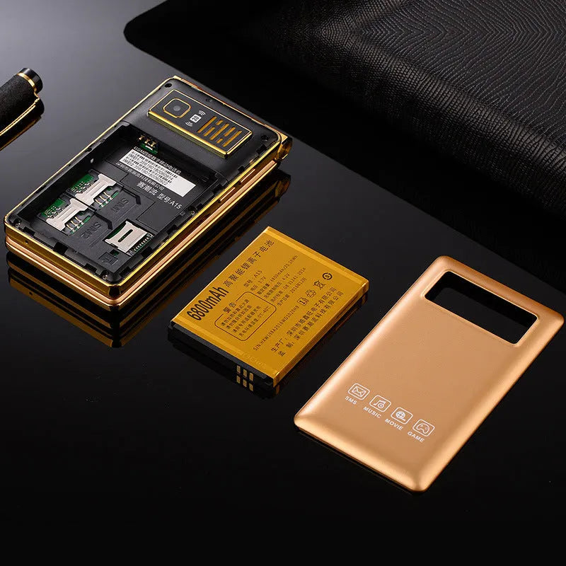 Black dual screen flip mobile phone showing both internal touch screen and smaller external display.