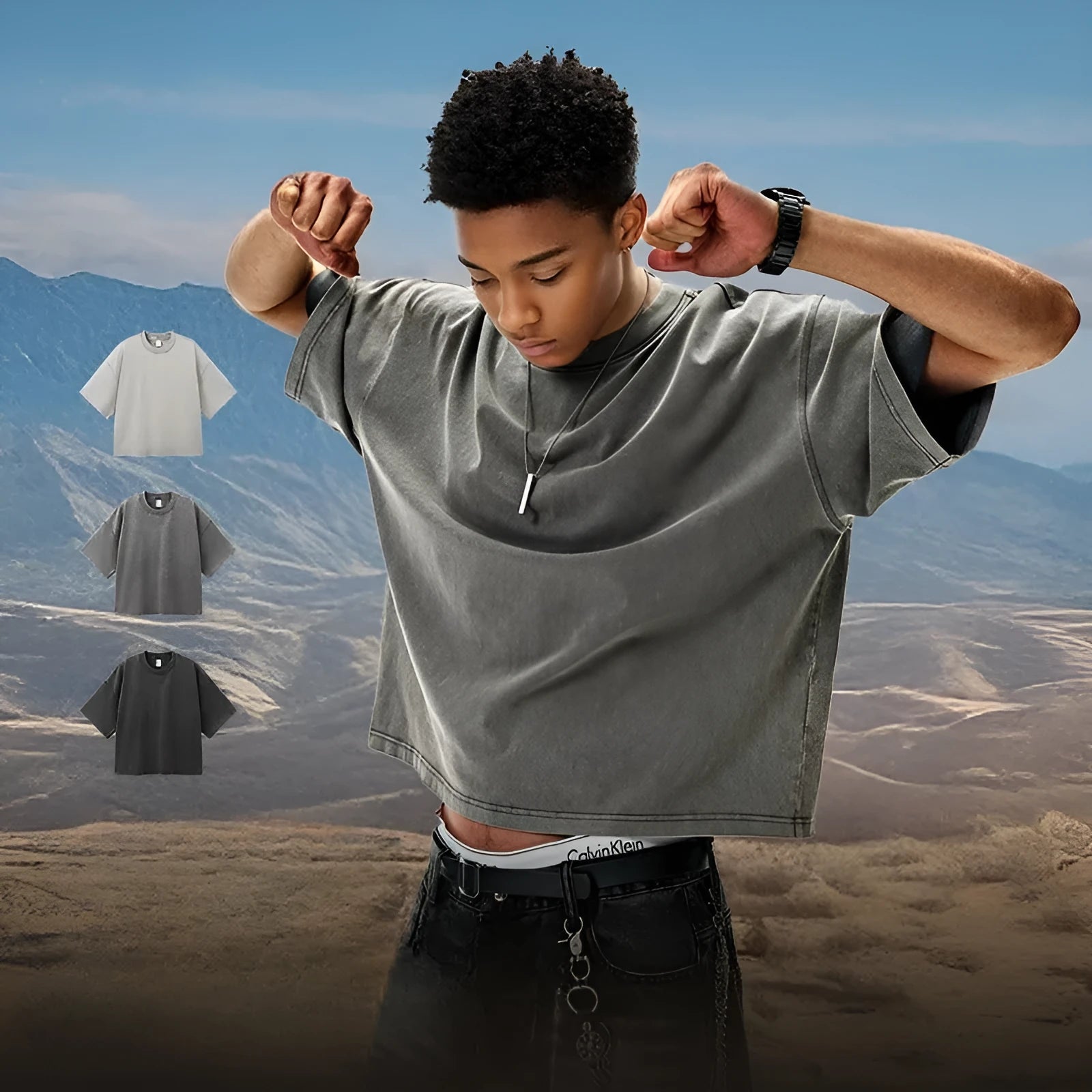 Men's loose fit cotton T-shirt in khaki colour with vintage wash texture and drop-shoulder sleeves