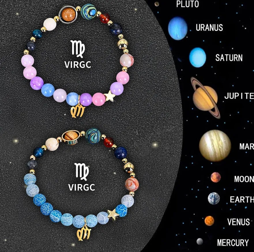Set of twelve natural stone beaded bracelets with individual zodiac charms for each horoscope sign