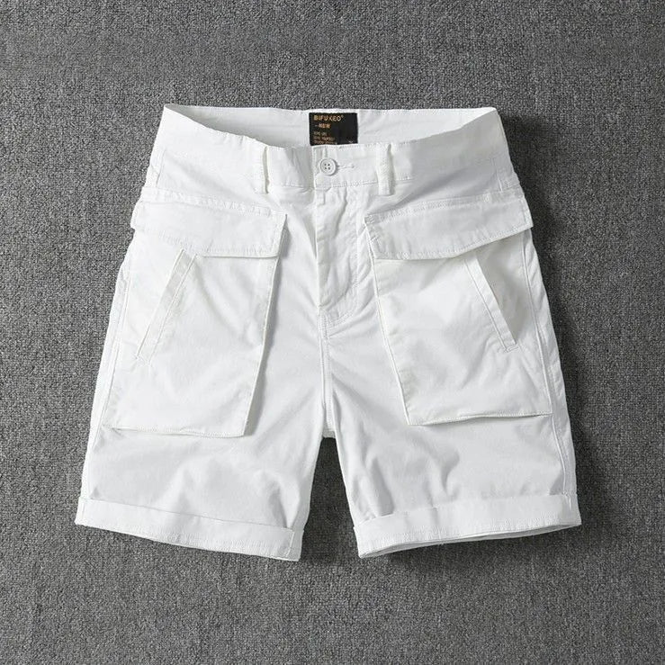 Men's straight-leg cotton cargo shorts with multiple pockets in khaki colour on a neutral background