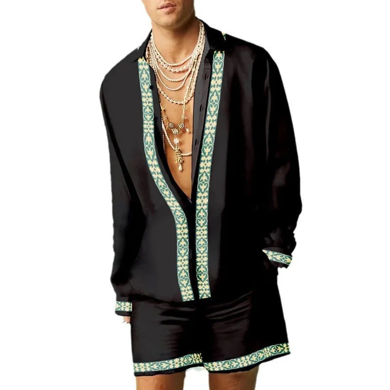 Casual summer shirt and shorts set in slim fit design with long sleeves