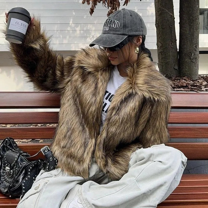 Women's artificial fur coat with fur collar in six colour options including dog fur pattern