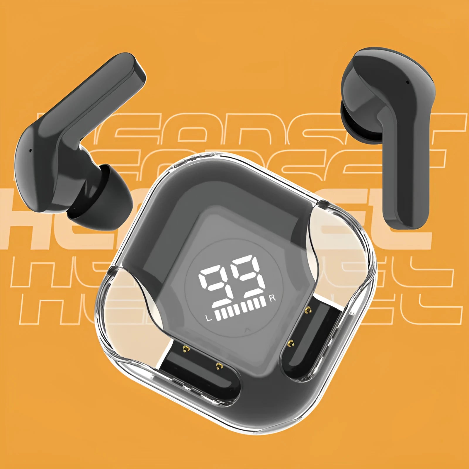 White wireless Bluetooth TWS in-ear headphones with a plastic case on a neutral background.