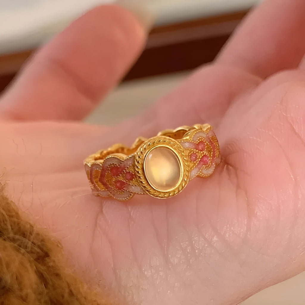 Pink crystal enamel open ring for women with geometric shape on copper gold plating