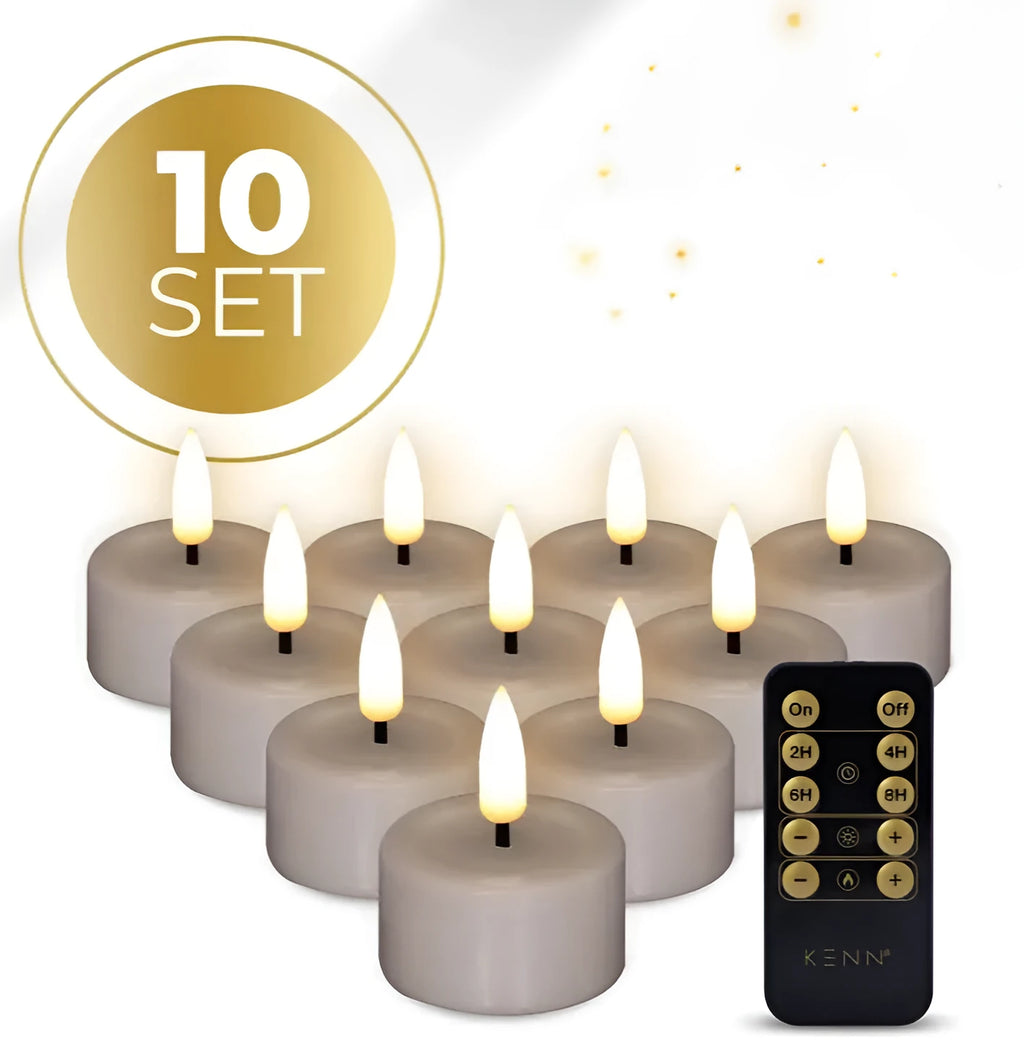Set of four taupe-coloured S10 LED tealight candles with a realistic 3D flame effect.